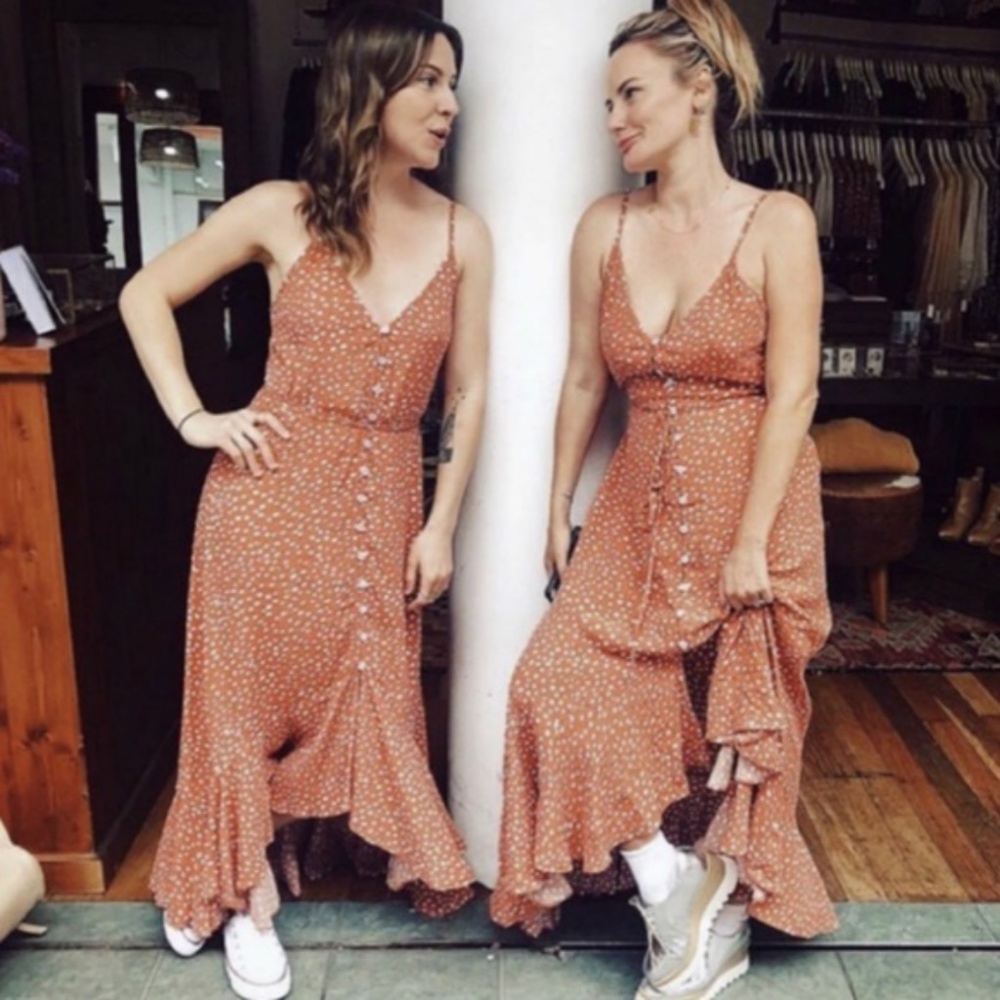 Boho Rust polka dot ruffle button up maxi Dress - Picture 2 of 7